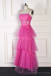 Hot Pink Spaghetti Straps A-Line Tulle Tiered Long Party Dress
